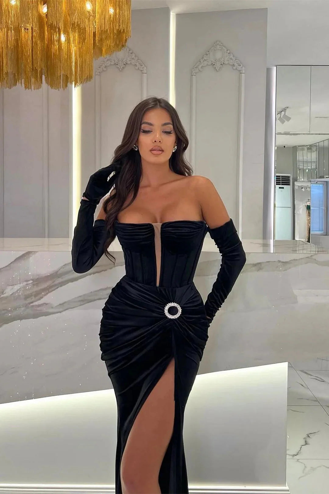 Fashion Black Strapless Mermaid Evening Dress Pleats With Split