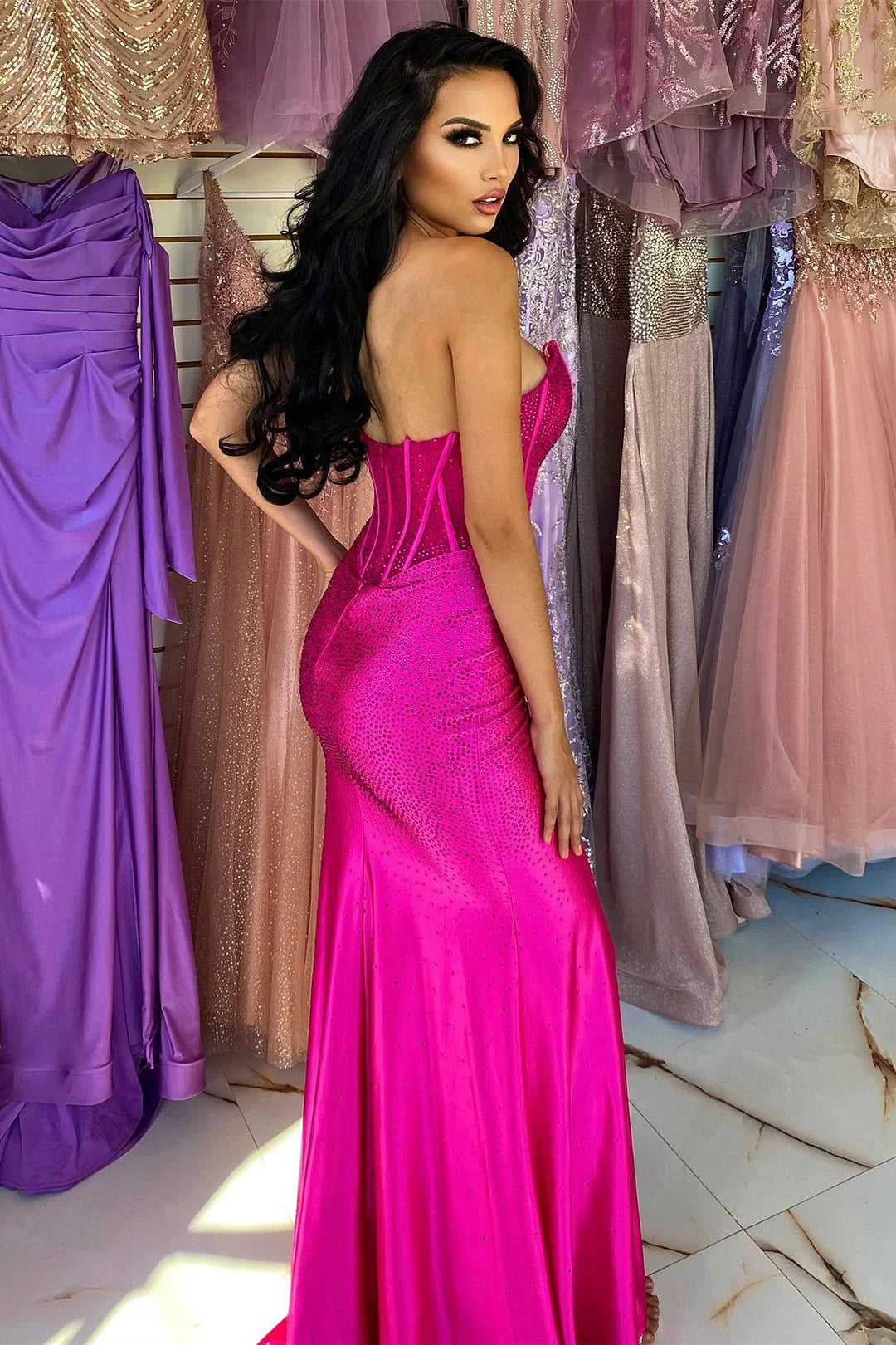 Fashion Fuchsia Sweetheart Sleeveless Mermaid Evening Dress With High Split