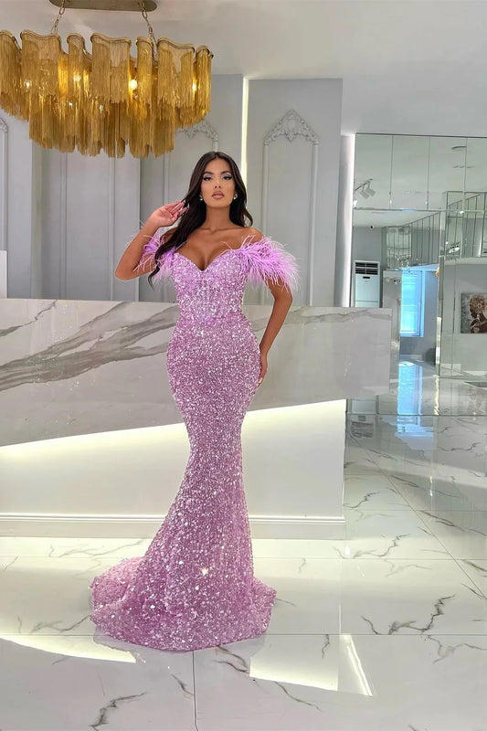 Fashion Lilac Off-The-Shoulder Sweetheart Mermaid Evening Dress With Sequins Feathers