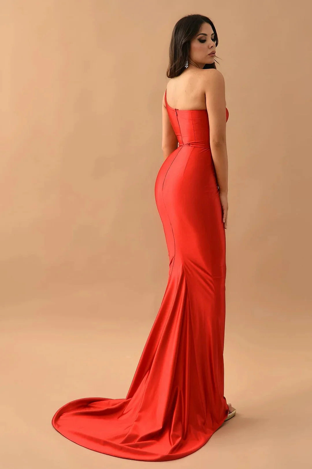 Fashion Red One Shoulder Sleeveless Mermaid Evening Dress  Long