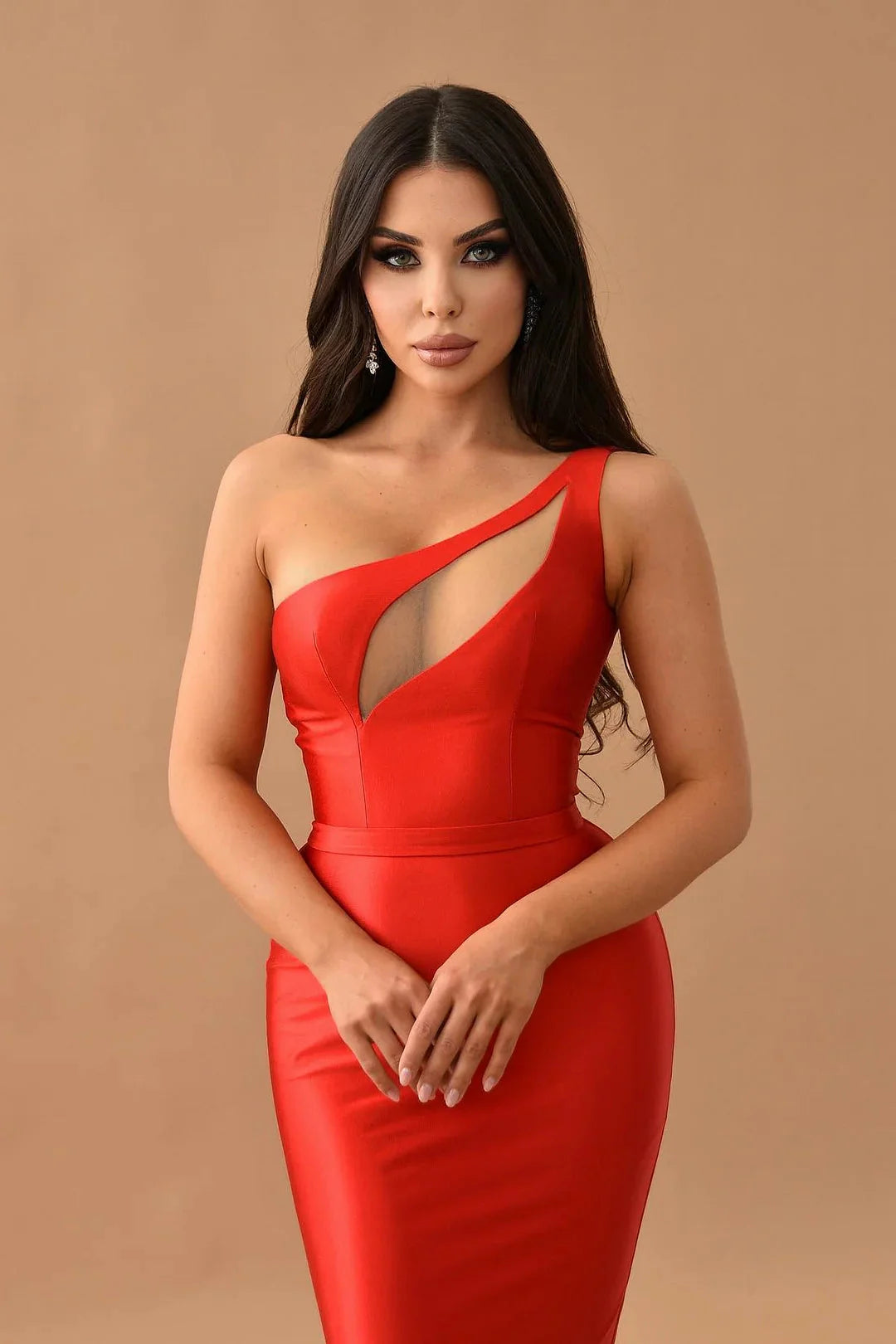 Fashion Red One Shoulder Sleeveless Mermaid Evening Dress  Long