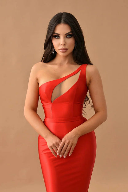 Fashion Red One Shoulder Sleeveless Mermaid Evening Dress  Long