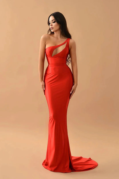 Fashion Red One Shoulder Sleeveless Mermaid Evening Dress  Long