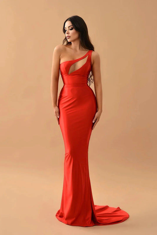 Fashion Red One Shoulder Sleeveless Mermaid Evening Dress  Long