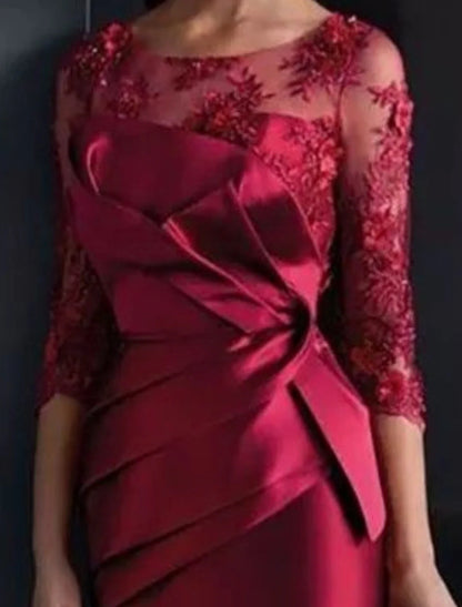 Sheath / Column Mother of the Bride Dress Wedding Guest Elegant Illusion Neck Knee Length Satin Lace 3/4 Length Sleeve with Appliques Ruching