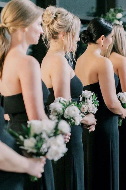 Strapless Black Chiffon Long Bridesmaid Dress with Slit
