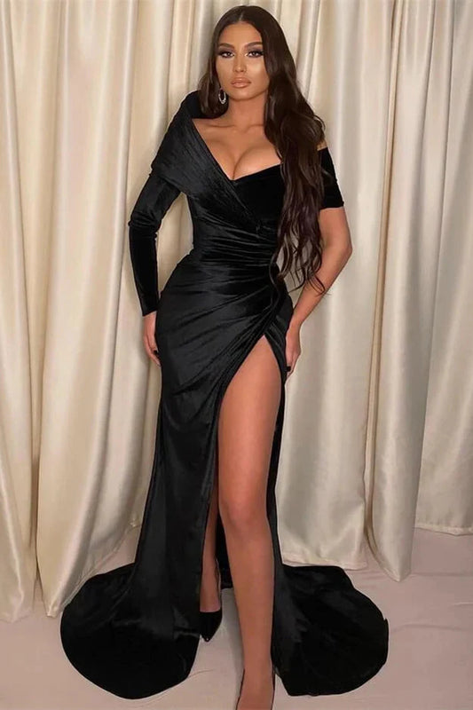 Glamorous Black Off-the-Shoulder Mermaid Evening Dress Split With Long Sleeves