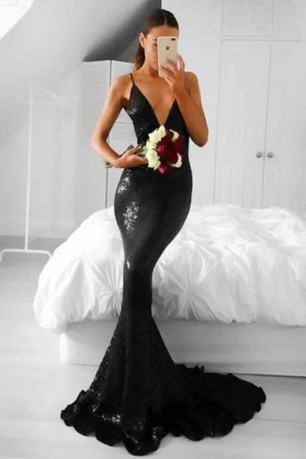 Glamorous Black Sequins Mermaid Evening Dress Spaghetti-Straps V-Neck