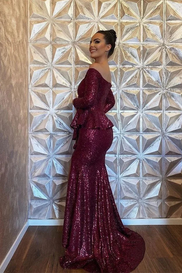 Glamorous Burgundy Sequins Mermaid Evening Dress Long Sleeves With Slit