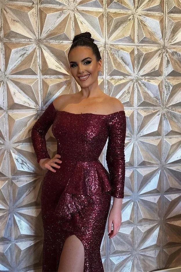 Glamorous Burgundy Sequins Mermaid Evening Dress Long Sleeves With Slit