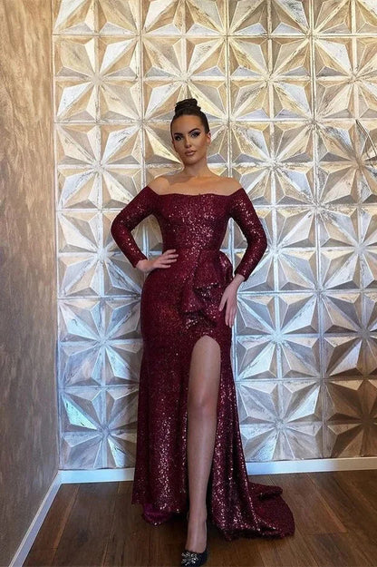 Glamorous Burgundy Sequins Mermaid Evening Dress Long Sleeves With Slit