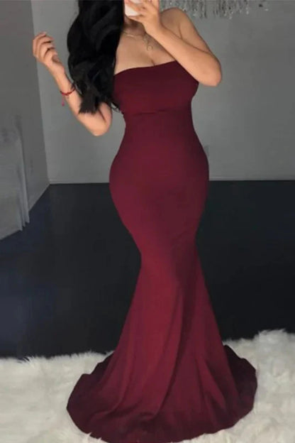 Glamorous Burgundy Strapless Mermaid Prom Dress Long Evening Gowns Lace-up