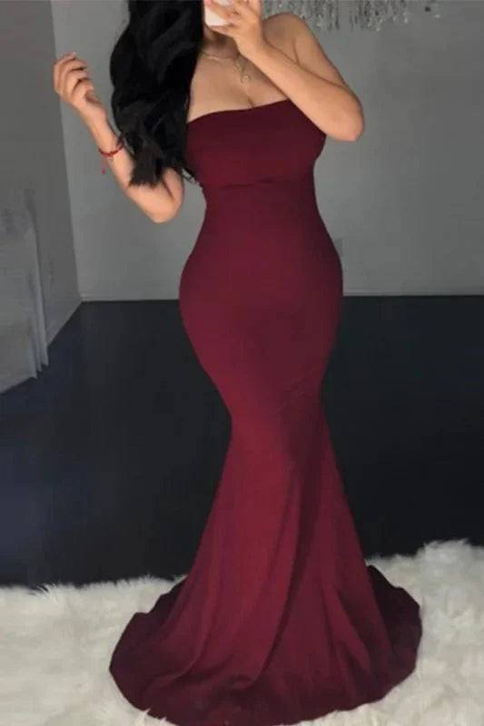 Glamorous Burgundy Strapless Mermaid Prom Dress Long Evening Gowns Lace-up