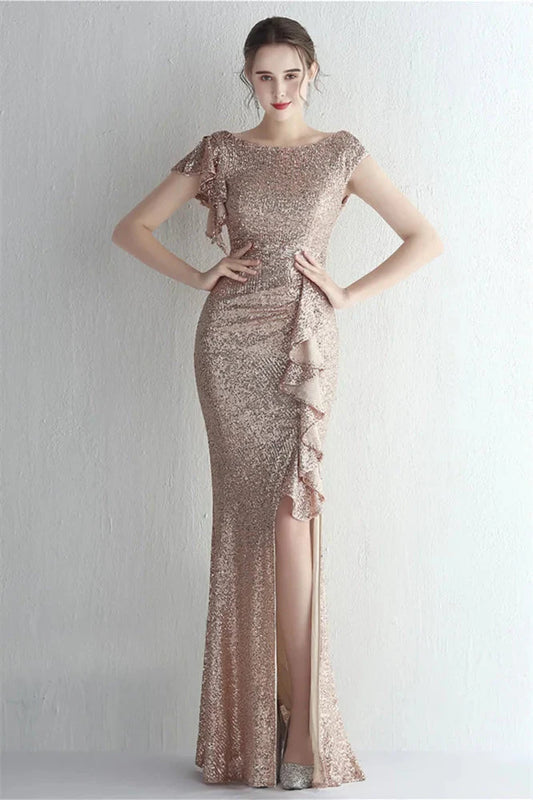 Glamorous Cap Sleeveless Mermaid Sequins Evening Gown Long With Split Ruffles