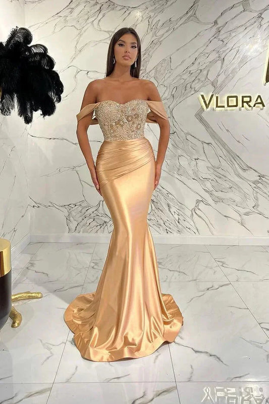 Glamorous Champagne Off-the-Shoulder Mermaid Evening Dress Long With Beadings