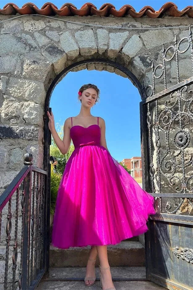 Glamorous Fuchsia Spaghetti-Straps Tulle Short Evening Dress Tea-Length