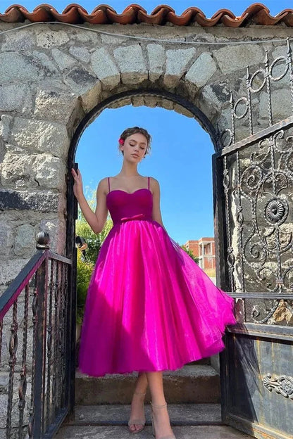 Glamorous Fuchsia Spaghetti-Straps Tulle Short Evening Dress Tea-Length