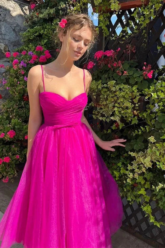Glamorous Fuchsia Spaghetti-Straps Tulle Short Evening Dress Tea-Length