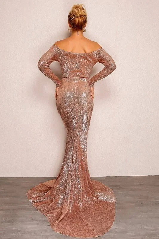 Glamorous Long Sleeve Off-the-Shoulder Sequins Evening Gowns Mermaid Prom Dress Online