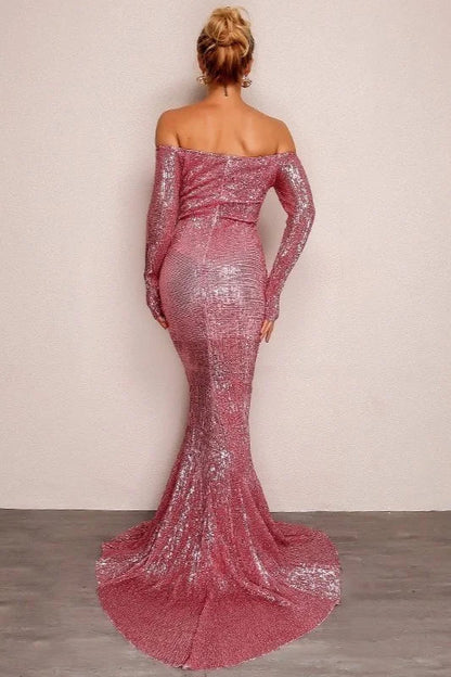 Glamorous Long Sleeve Off-the-Shoulder Sequins Evening Gowns Mermaid Prom Dress Online