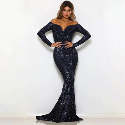 Glamorous Long Sleeve Off-the-Shoulder Sequins Evening Gowns Mermaid Prom Dress Online
