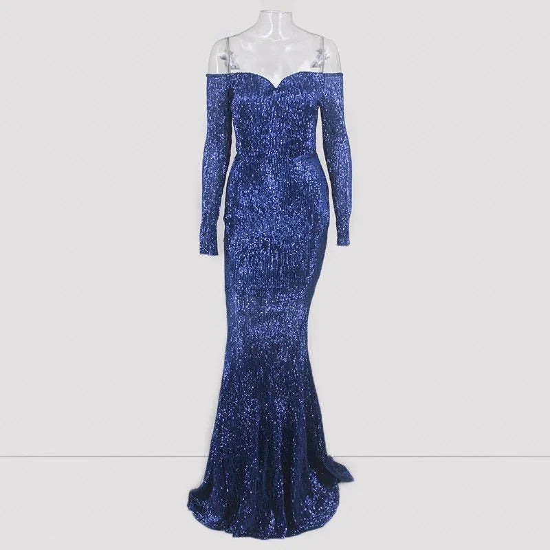 Glamorous Long Sleeve Off-the-Shoulder Sequins Evening Gowns Mermaid Prom Dress Online