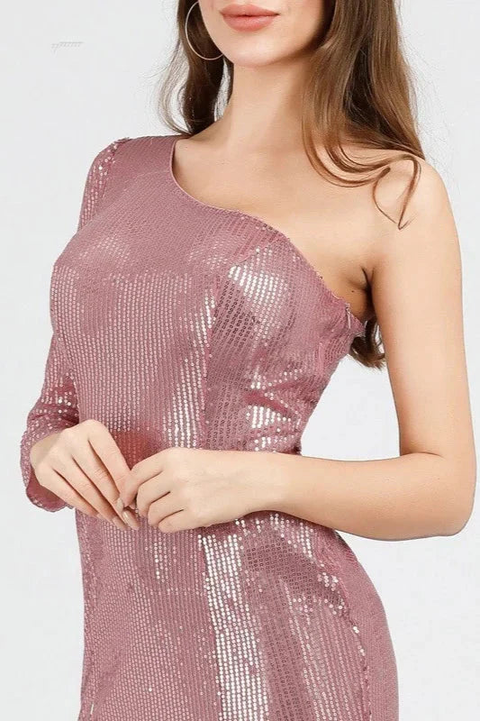 Glamorous One Shoulder Long Sleeve Prom Dress Sequins Mermaid Evening Gowns With Split