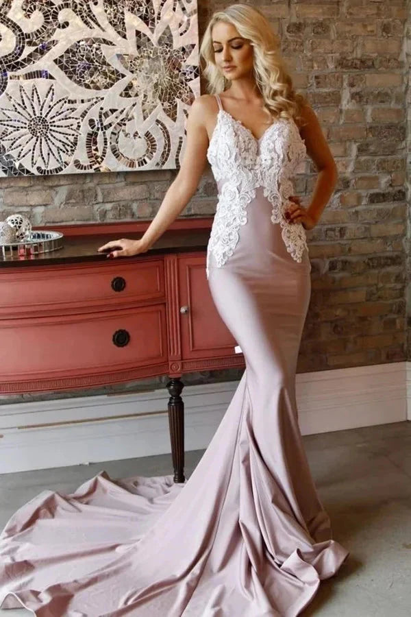 Glamorous Spaghetti-Straps Appliques Mermaid Evening Dress Long