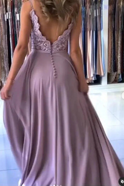 Glamorous Spaghetti-Straps Long Evening Dress Split With Lace Appliques