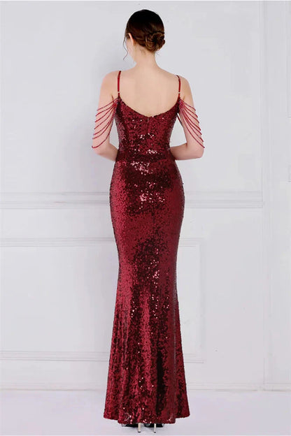 Glamorous Spaghetti-Straps Sequins Evening Gown Mermaid Sleeveless