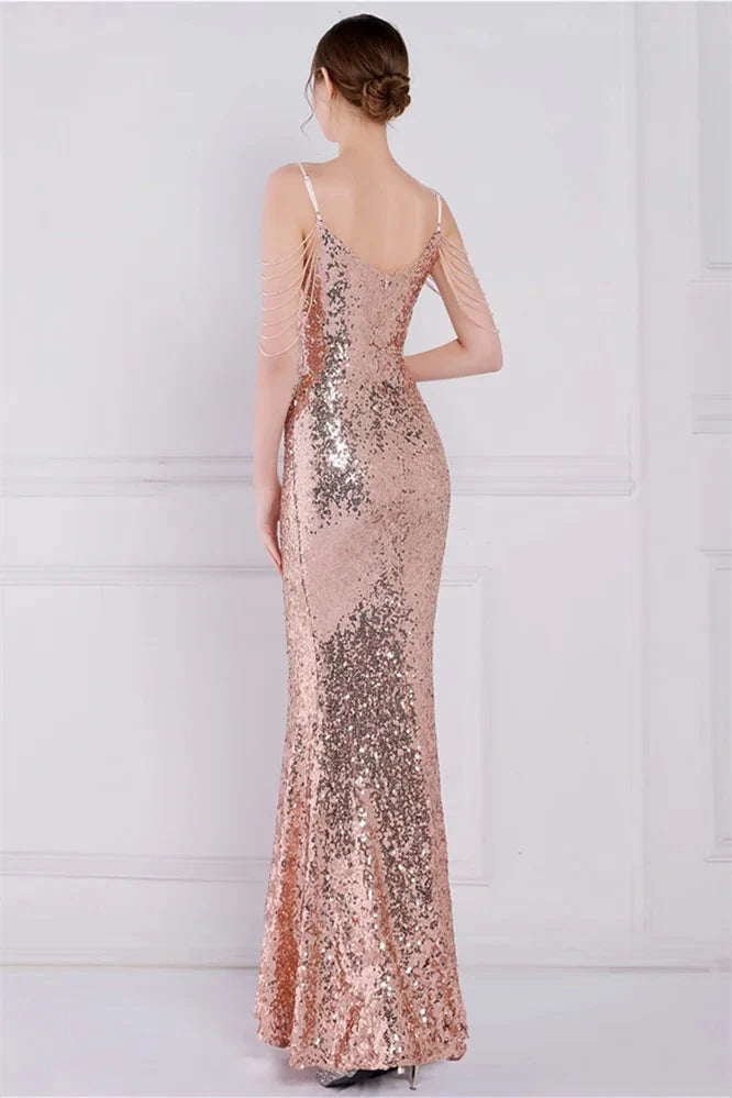 Glamorous Spaghetti-Straps Sequins Evening Gown Mermaid Sleeveless