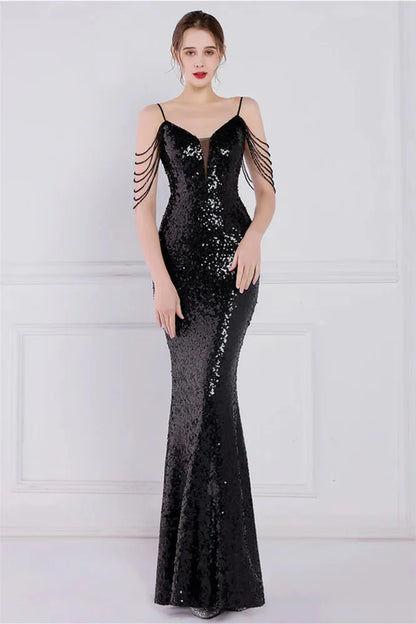 Glamorous Spaghetti-Straps Sequins Evening Gown Mermaid Sleeveless