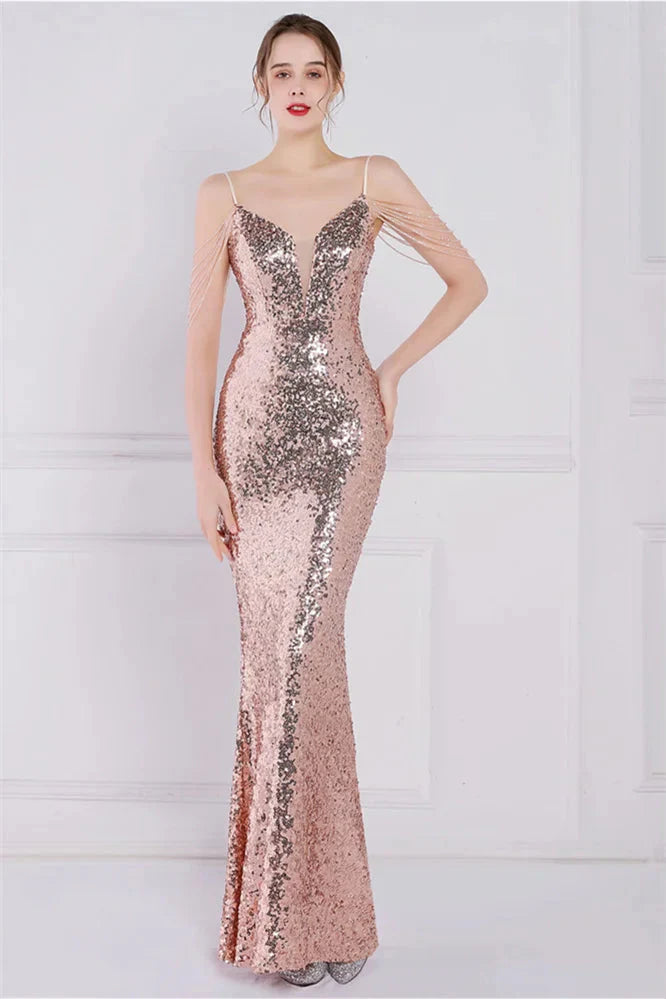 Glamorous Spaghetti-Straps Sequins Evening Gown Mermaid Sleeveless