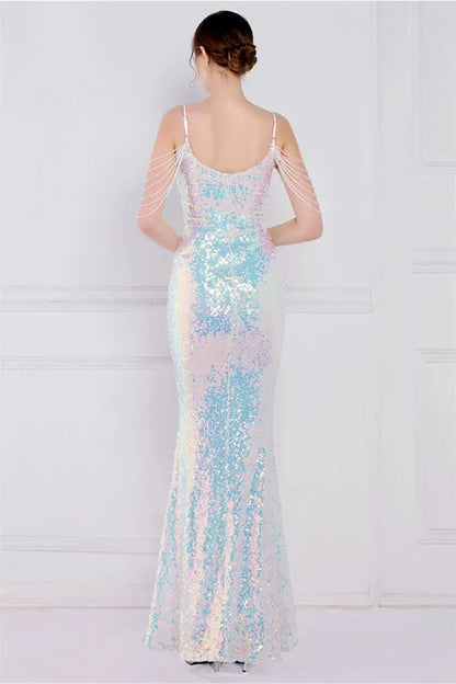 Glamorous Spaghetti-Straps Sequins Evening Gown Mermaid Sleeveless