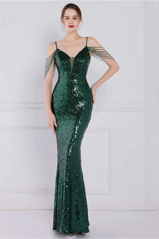 Glamorous Spaghetti-Straps Sequins Evening Gown Mermaid Sleeveless