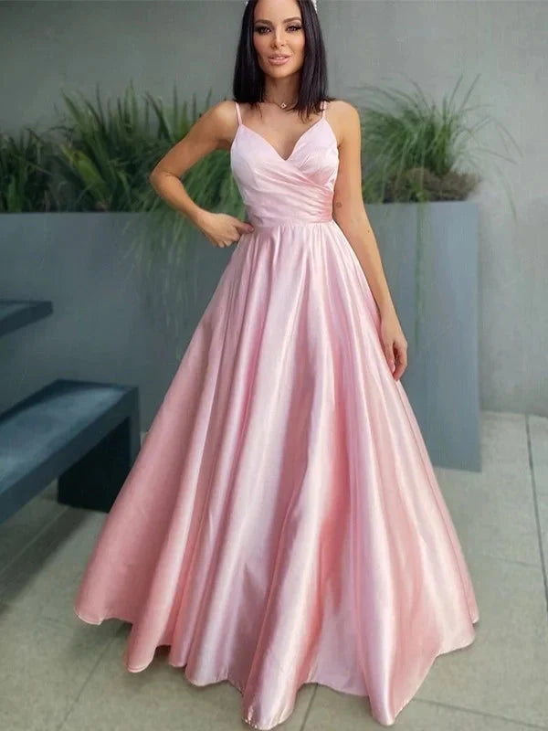 Gorgeous Blushing Pink Spaghetti-Straps V-Neck Evening Dress Long