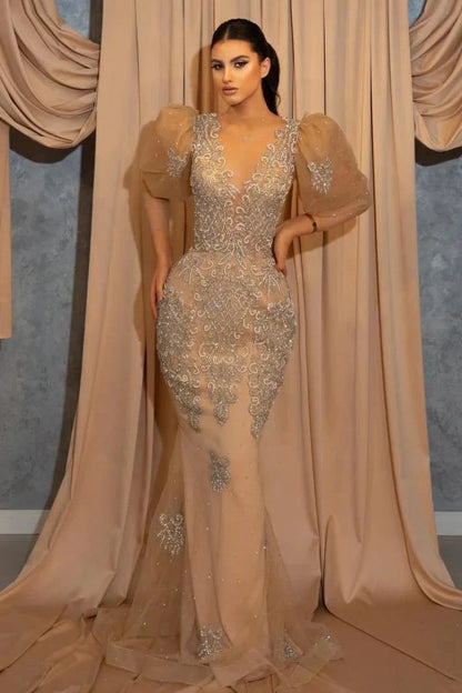Gorgeous Bubble Sleeves Mermaid Evening Dress Champagne Tulle With Beadings