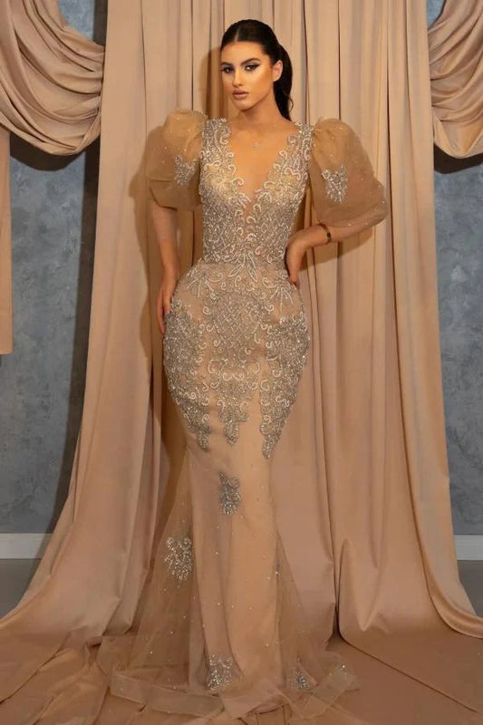 Gorgeous Bubble Sleeves Mermaid Evening Dress Champagne Tulle With Beadings