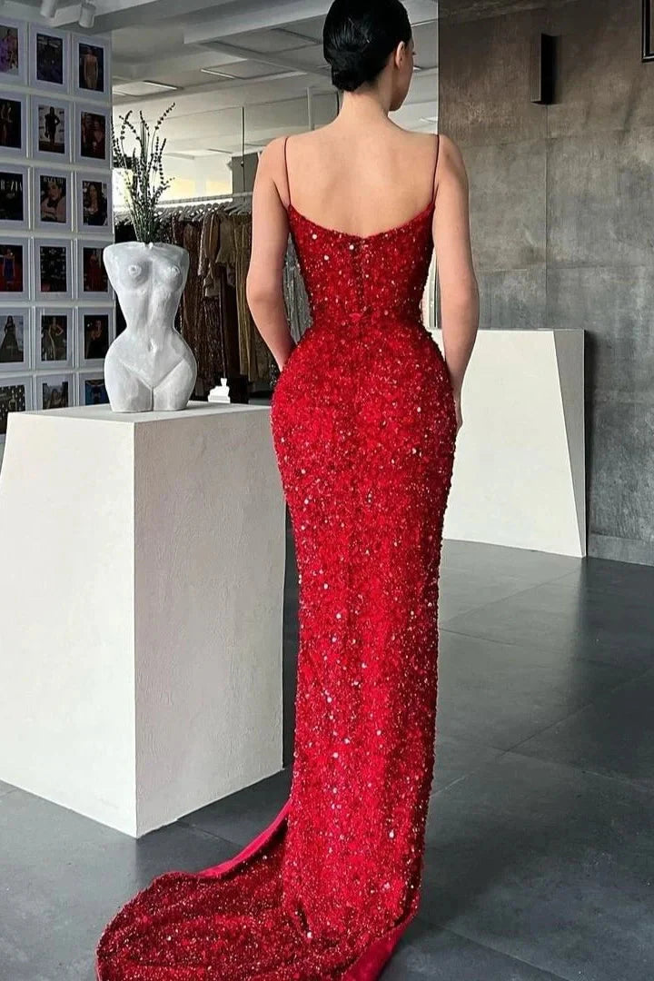 Gorgeous Burgundy Spaghetti-Straps Mermaid Evening Dress Sequins With Slit