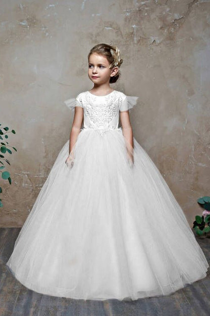 Gorgeous Cap Sleeveless Tulle Flower Girl Dress with Zipper Button Back and Bowknot
