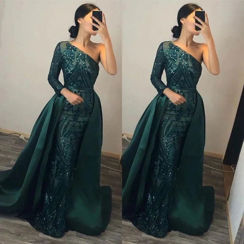 Gorgeous Dark Green Sequins Prom Dress Mermaid Overskirt Evening Gowns