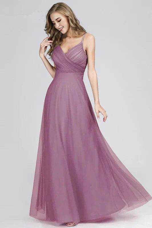 Gorgeous Dusty Blue V-Neck Prom Dress Long Tulle Evening Party Gowns