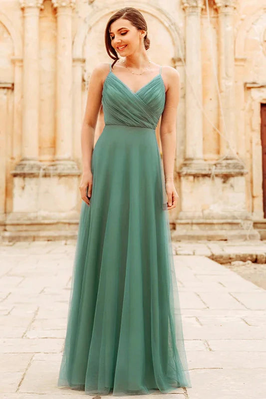 Gorgeous Dusty Blue V-Neck Prom Dress Long Tulle Evening Party Gowns