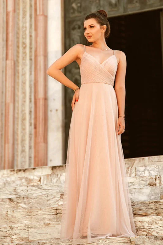 Gorgeous Dusty Blue V-Neck Prom Dress Long Tulle Evening Party Gowns