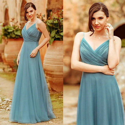 Gorgeous Dusty Blue V-Neck Prom Dress Long Tulle Evening Party Gowns