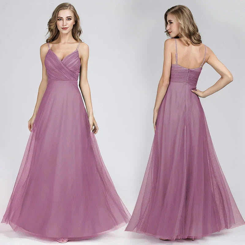 Gorgeous Dusty Blue V-Neck Prom Dress Long Tulle Evening Party Gowns