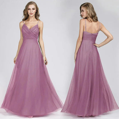 Gorgeous Dusty Blue V-Neck Prom Dress Long Tulle Evening Party Gowns