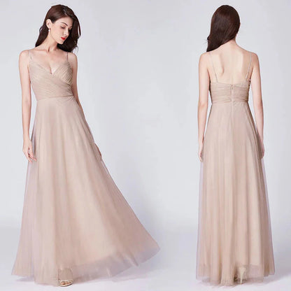 Gorgeous Dusty Blue V-Neck Prom Dress Long Tulle Evening Party Gowns