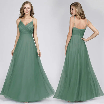 Gorgeous Dusty Blue V-Neck Prom Dress Long Tulle Evening Party Gowns
