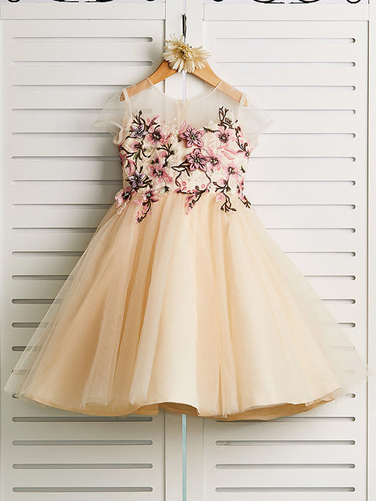 Gorgeous Embroidered Cap Sleeve Jewel Knee Length Flower Girl Dress